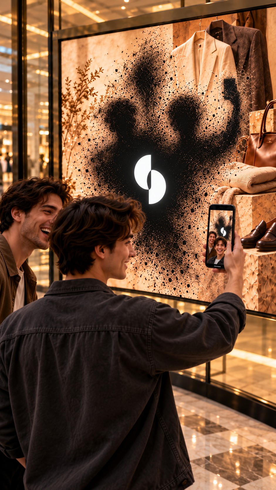 Two visitors filming themselves in front of the screen